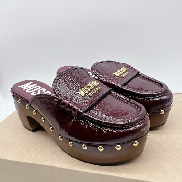 MOSCHINO 70MM Logo Patent Leather Platform Clogs BORDEAUX Red Womens EU 35 $770 - Picture 3 of 11